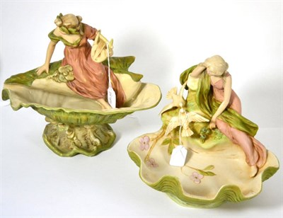 Lot 48 - Two Royal Dux figures modelled as classical maidens seated in shells, 25cm and 22cm high