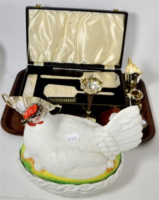 Lot 55 - Potter and nesting hen egg box, a cased silver backed brush and mirror set silver bud vase,...