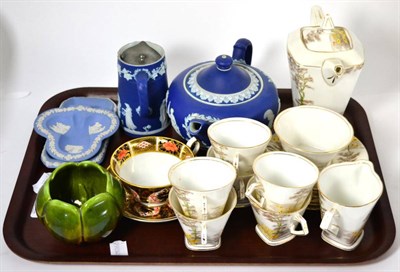 Lot 61 - An Art Deco part tea service, Royal Crown Derby imari tea cup and saucer, Linthorpe pottery...