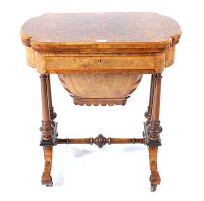 Lot 758 - A Victorian Burr Walnut and Marquetry Inlaid Work/Games Table, circa 1870, the hinged lid enclosing