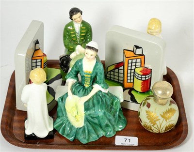 Lot 71 - A group including a pair of Lorna Bailey bookends, four Royal Doulton figurines, Lady &...