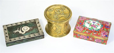 Lot 77 - An Art Nouveau brass tobacco jar and cover; a Continental gilt metal mounted porcelain casket;...