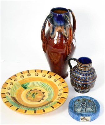 Lot 79 - Four items of studio pottery comprising a Troika vase, a four handled vase - probably Willow Ault 