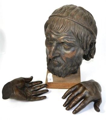 Lot 84 - A British Museum resin replica of Sophocles together with a pair of bronze hand sculptures