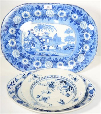 Lot 86 - A Rogers pearlware meat dish printed with the Zebra pattern; a late Meissen Onion pattern meat...