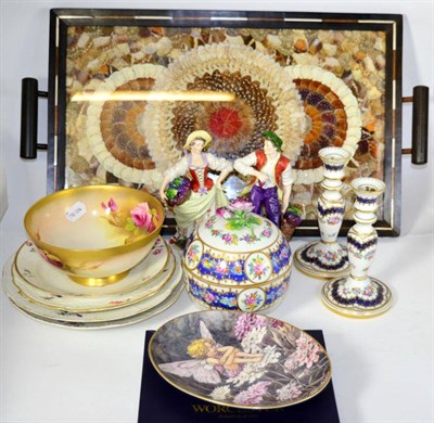 Lot 87 - A butterfly wing tray; a pair of Continental porcelain figures; a Royal Worcester bowl painted with