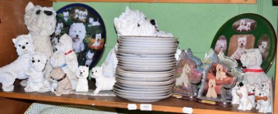 Lot 107 - A shelf of West Highland terrier figures, collector plates, glass profiles and two boxes...