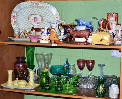 Lot 108 - Two shelves of decorative ceramics and glass, including Staffordshire spaniels, Spode Italian...