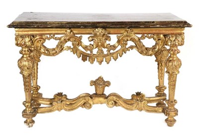 Lot 763 - A Régence Style Gilt and Gesso Console Table, the painted faux marble top above an acanthus...