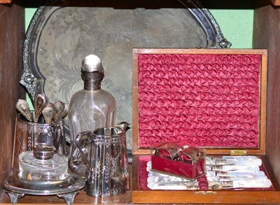 Lot 112 - A silver collared decanter, plated tray, cased mother-of-pearl cake knives and forks, Walker...