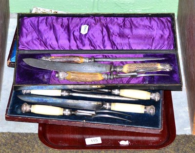 Lot 115 - A cased three piece antler handled carving set together with a five piece carving set and other...