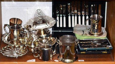 Lot 127 - A quantity of silver plate including a pierced footed dish, bottle coaster, lobster picks,...