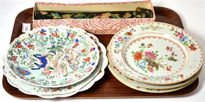 Lot 144 - A group of six 19th century Chinese plates, each hand painted with various designs (all a.f.)...