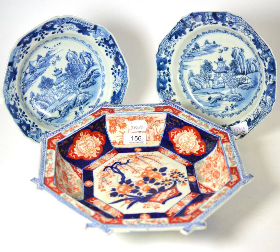 Lot 156 An Imari decorated octagonal bowl and two