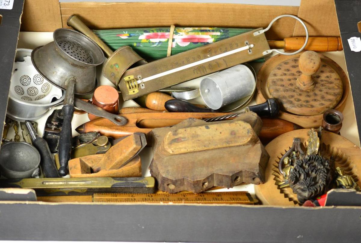 Lot 173 - A box of kitchenalia and other collectables and a box of pie funnels, decanters etc