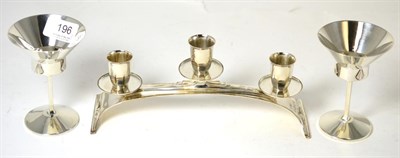 Lot 196 - A three sconce table candelabrum, retailed by Manoah Rhodes & Sons Ltd, and a pair of modern silver