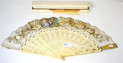 Lot 199 - Late 19th century bone fan with pierced and painted sticks and guards, hand coloured paper...