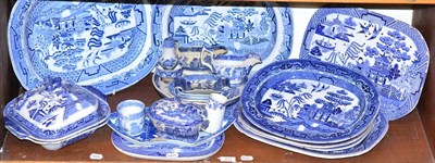 Lot 217 - Blue and white Willow pattern meat plates, drainers etc