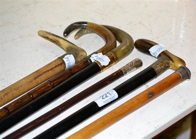 Lot 221 - A Royal Army Medical Corps swagger stick, four horn/antler walking sticks and a malacca stick (6)