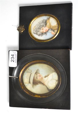 Lot 234 - W Hogg: portrait miniature of a Young Lady, bust length, wearing a white hat, pearl necklace...