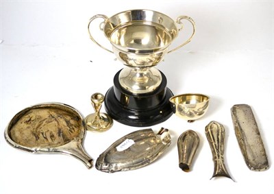 Lot 235 - Silver two handled trophy, London hallmark, ebonised stand, small quantity of scrap silver