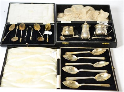 Lot 255 - A cased set of six silver gilt Apostle spoons and matching sugar nips, a cased set of six...