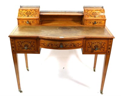 Lot 780 - A Victorian Satinwood and Marquetry Painted Bowfront Writing Desk, late 19th century, the...