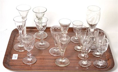 Lot 275 - Two 18th century air twist glasses, two wine glasses with faceted stems and twelve 18th/19th...