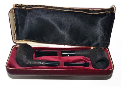 Lot 300 - A cased pair of vintage Dunhill briar 'Shell' pipes, in fitted case with paperwork - never used, as