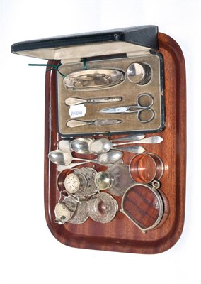 Lot 306 - A silver mounted manicure set (fitted case), silver teaspoons etc