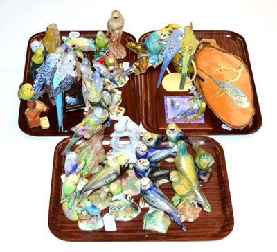 Lot 310 - Three trays of budgerigar related items including pottery figures, resin figures, wall clock,...