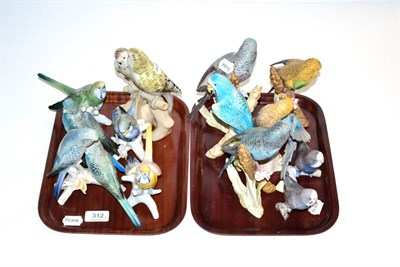 Lot 312 - Two trays of Continental ceramic budgerigar figures including Copenhagen, Goebels and Karl Ens etc.