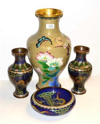 Lot 315 - Three cloisonne Chinese enamel vases and a bowl