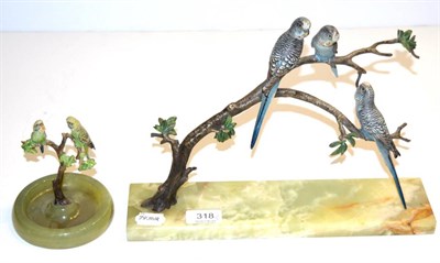 Lot 318 - A cold painted bronze figure group of three budgerigars on an onyx plinth and a similar ashtray (2)