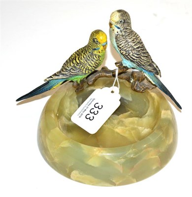 Lot 333 - An onyx ashtray surmounted by a pair of cold painted bronze budgerigars circa 1920  Provenance:...