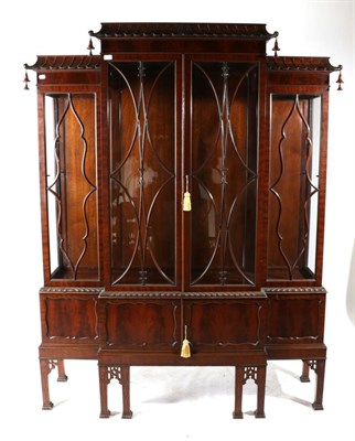 Lot 789 - A Chinese Chippendale Revival Mahogany Breakfront Display Cabinet, late 19th/early 20th...