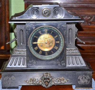 Lot 343 - A large black slate mantel clock, 19th century, probably French or Belgium, top section...