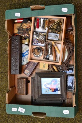 Lot 350 - Mauchline ware ";Annan from the NW"; box, two Victorian snuff boxes, Japanese lacquer box, tins etc