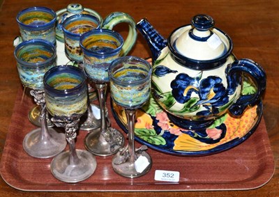 Lot 352 - A set of six hand blown wines with plated stems together with three pieces of pottery by Paul...