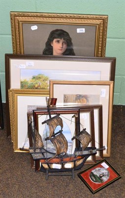 Lot 356 - Assorted pictures and watercolours, ceramic framed oval picture, model galleon etc