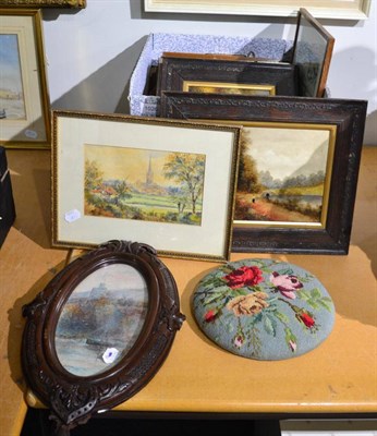 Lot 1026 - An oval framed picture, a 19th century circular stool with enamelled trade plate, two...