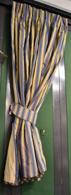 Lot 1033 - Two pairs of blue and cream striped double lined curtains with tie backs