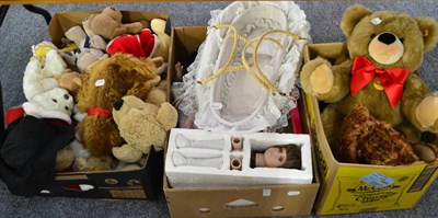 Lot 1037 - Three boxes of assorted soft toys and teddy bears including Wendy Boston teddy, modern Steiff bears