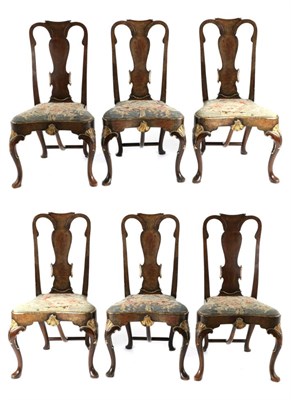 Lot 801 - A Set of Six Walnut and Parcel Gilt Queen Anne Style Dining Chairs, with vasiform shaped splats...