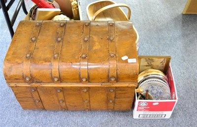 Lot 1049 - A tin trunk, ceramics and glass including a John Peel musical jug, a Mary Gregory style glass...