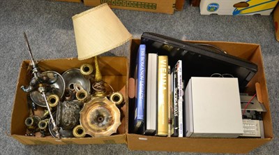 Lot 1056 - A group including brass lamp, pewter goblet, brass, books, hi-fi, etc (in two boxes)