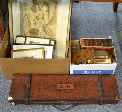 Lot 1058 - A leather gun case and accessories, prints, books, airbus bearing presentation lighter (in two...