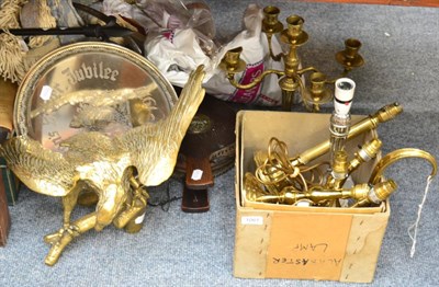 Lot 1061 - Brass candlesticks (converted) bellows, jam pan, brass eagle, Royal memorabilia, books etc