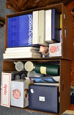 Lot 1074 - A quantity of Wedgwood plates, Piggin ornaments by David Corbridge, Spode china etc (in two boxes)