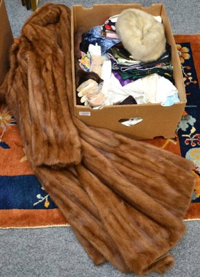 Lot 1075 - Brown fur coat, grey mink hat, children's white cotton dresses, silk and polyester scarves etc